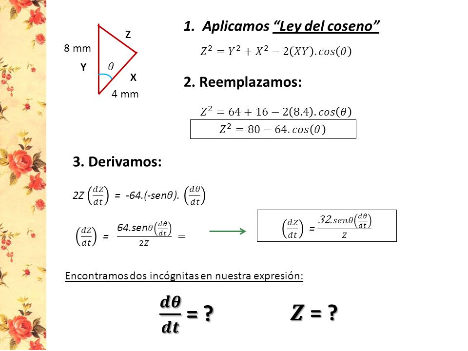 𝒅𝜽 𝒅𝒕 = 𝒁 = 1. Aplicamos Ley del coseno 2. Reemplazamos: