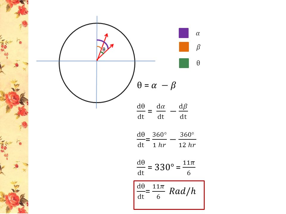 θ = 𝛼 −𝛽 dθ dt = d𝛼 dt − d𝛽 dt dθ dt = 360° 1 ℎ𝑟 − 360° 12 ℎ𝑟