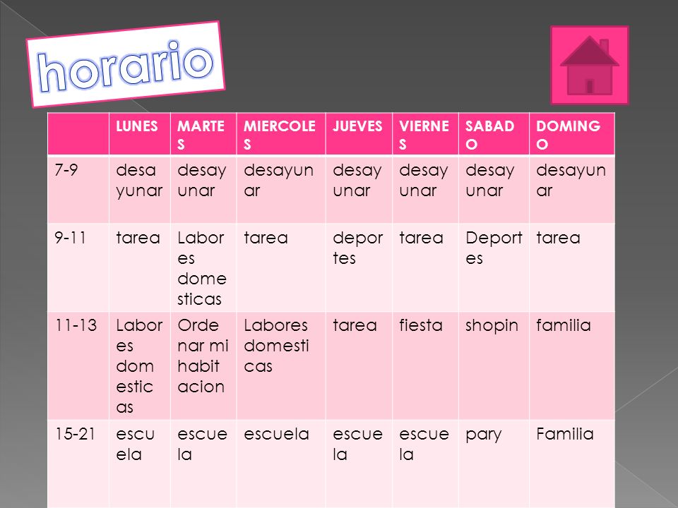 horario 7-9 desayunar 9-11 tarea Labores domesticas deportes Deportes