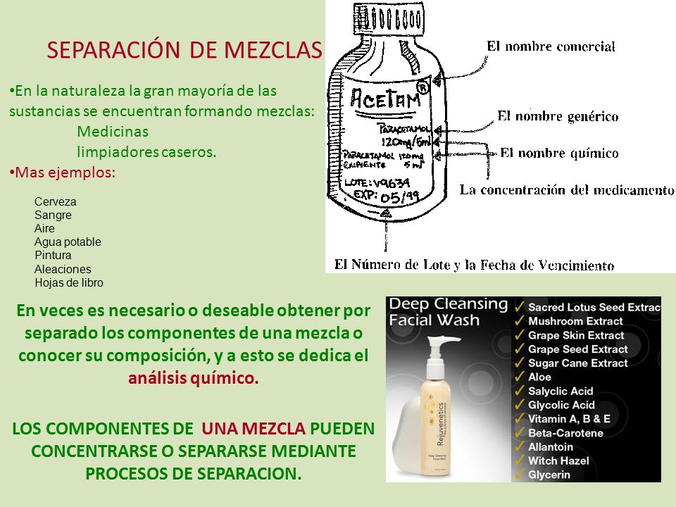 SEPARACIÓN DE MEZCLAS En la naturaleza la gran mayoría de las sustancias se encuentran formando mezclas: Medicinas limpiadores caseros.