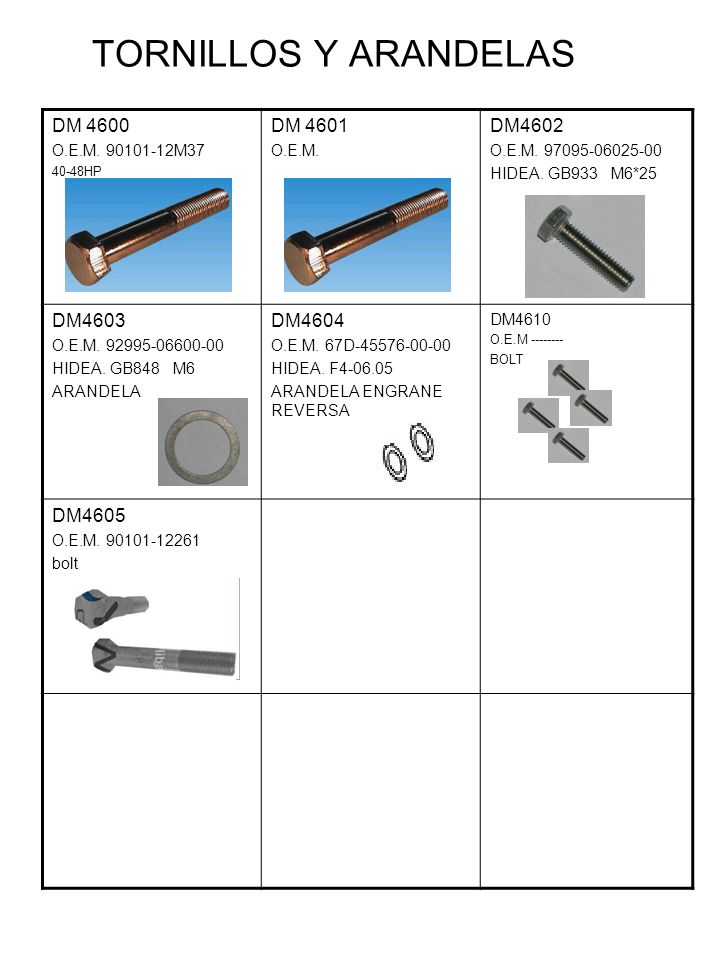 TORNILLOS Y ARANDELAS DM 4600 DM 4601 DM4602 DM4603 DM4604 DM4605