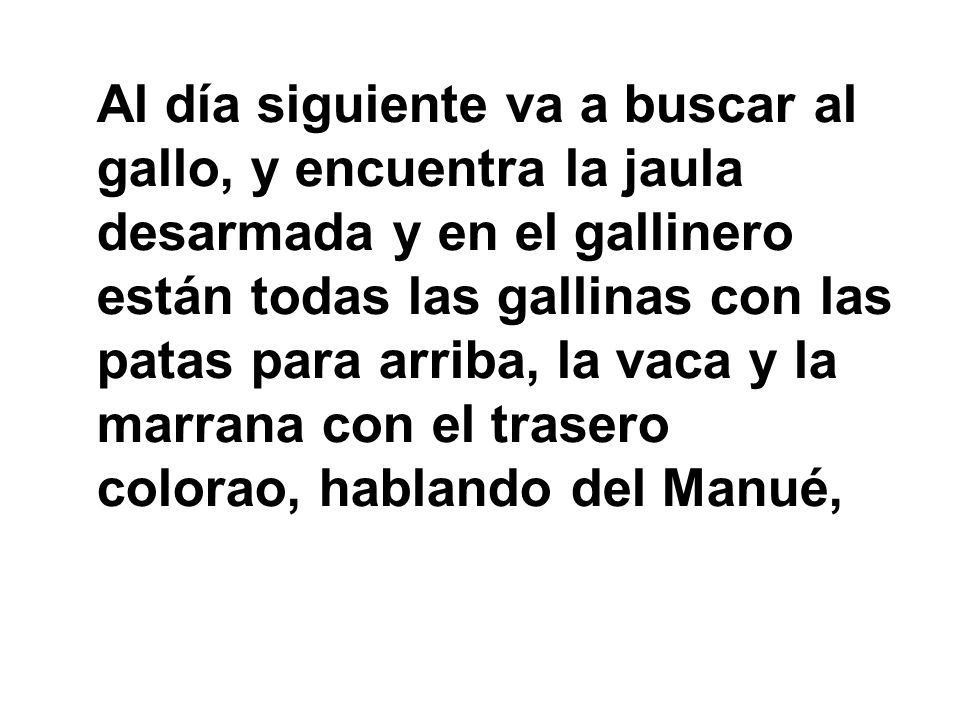 Al día siguiente va a buscar al gallo, y encuentra la jaula desarmada y en el gallinero están todas las gallinas con las patas para arriba, la vaca y la marrana con el trasero colorao, hablando del Manué,