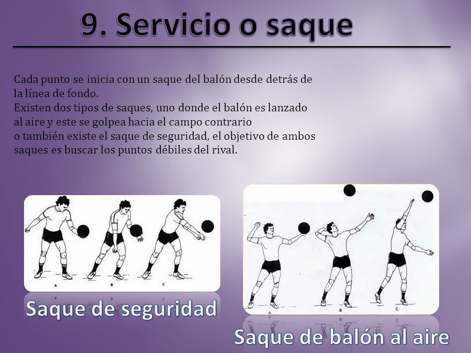 9. Servicio o saque Saque de seguridad Saque de balón al aire