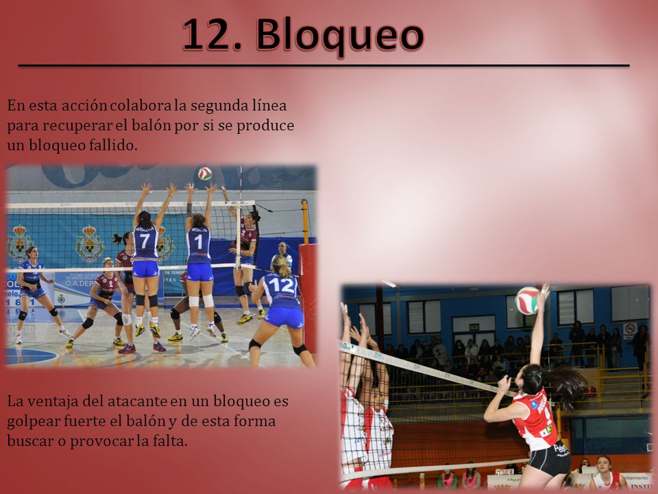 12. Bloqueo En esta acción colabora la segunda línea para recuperar el balón por si se produce un bloqueo fallido.