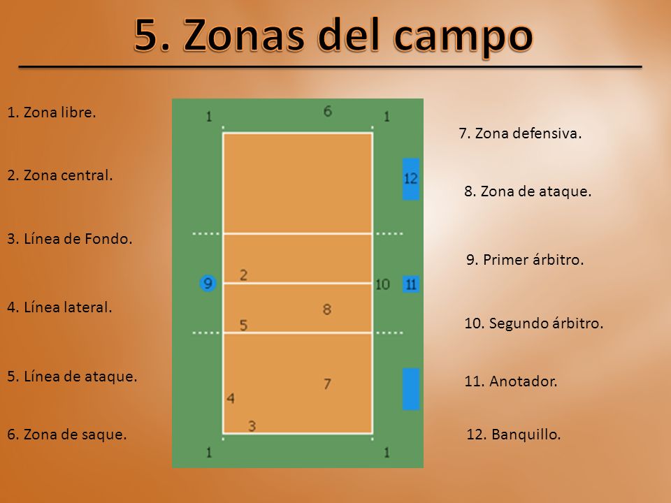 5. Zonas del campo 1. Zona libre. 7. Zona defensiva. 2. Zona central.