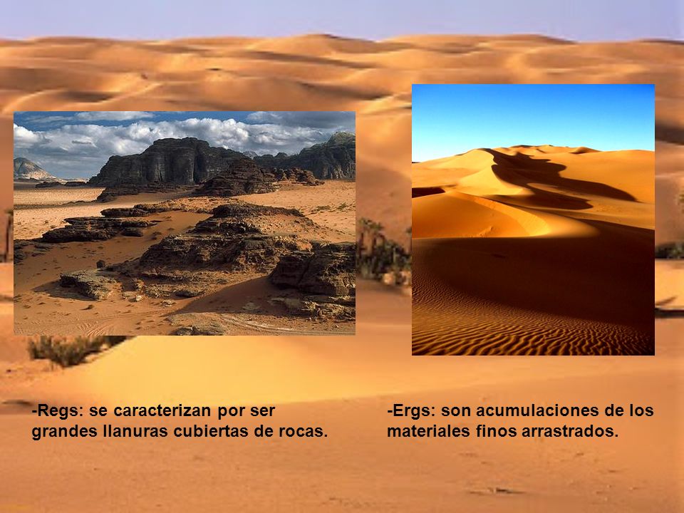 -Regs: se caracterizan por ser grandes llanuras cubiertas de rocas.