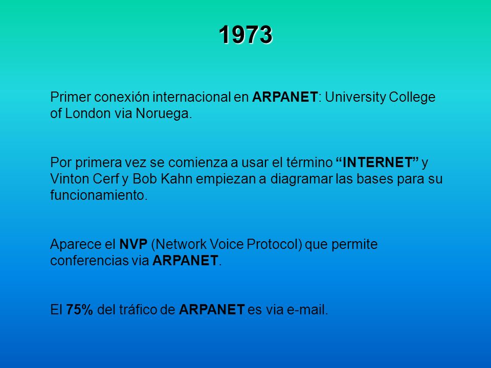 1973 Primer conexión internacional en ARPANET: University College of London via Noruega.