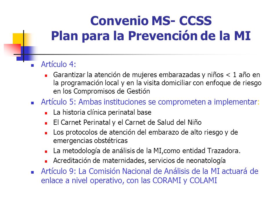 Convenio MS- CCSS Plan para la Prevención de la MI