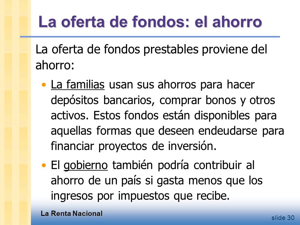 Tipos de ahorro ahorro privado = (Y –T ) – C ahorro público = T – G