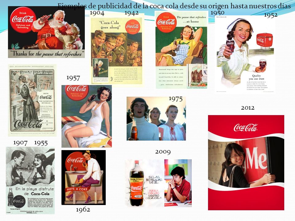 Ejemplos de publicidad de la coca cola desde su origen hasta nuestros días