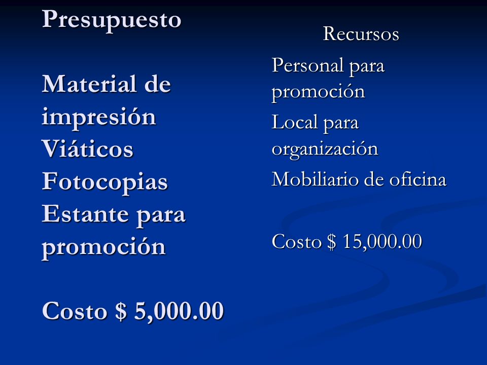 Presupuesto Material de impresión Viáticos Fotocopias Estante para promoción Costo $ 5,000.00