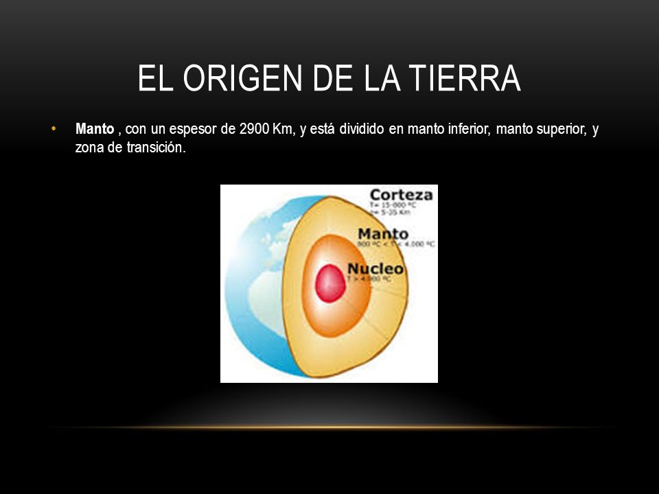 El origen de la tierra Manto , con un espesor de 2900 Km, y está dividido en manto inferior, manto superior, y zona de transición.