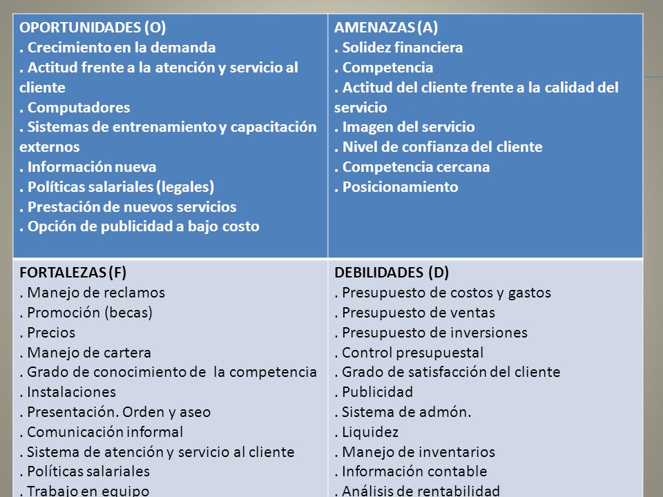 OPORTUNIDADES (O) . Crecimiento en la demanda. . Actitud frente a la atención y servicio al cliente.