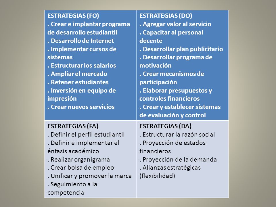 ESTRATEGIAS (FO) . Crear e implantar programa de desarrollo estudiantil. . Desarrollo de Internet.