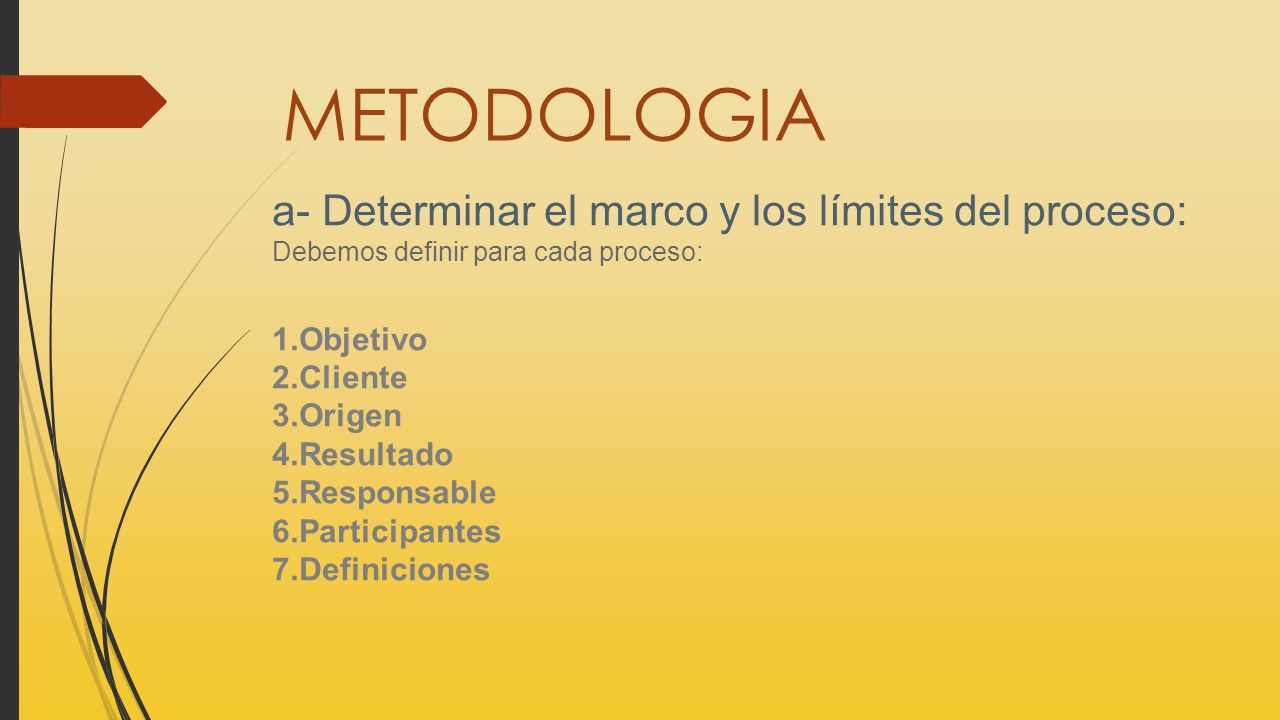 METODOLOGIA a- Determinar el marco y los límites del proceso: Objetivo