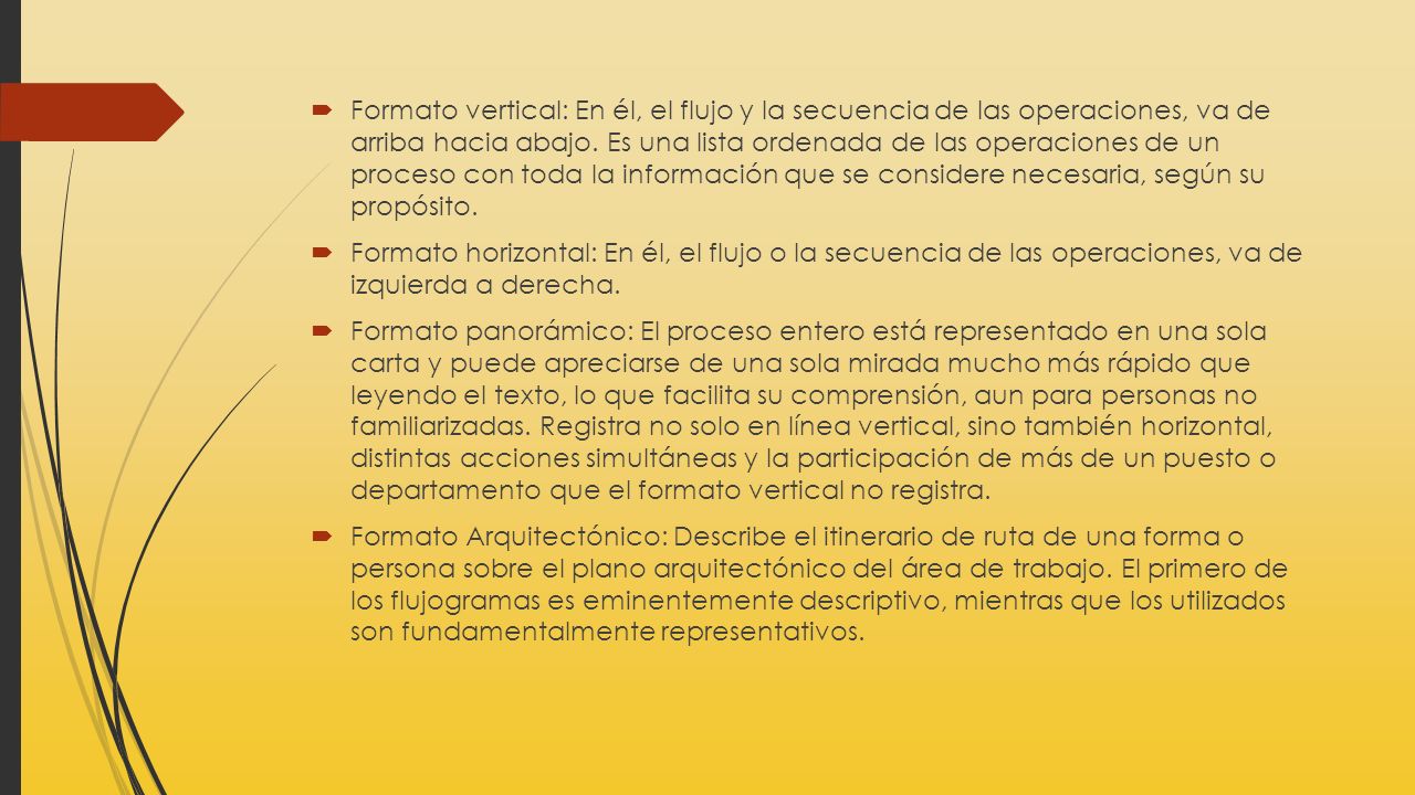 Formato vertical: En él, el flujo y la secuencia de las operaciones, va de arriba hacia abajo. Es una lista ordenada de las operaciones de un proceso con toda la información que se considere necesaria, según su propósito.
