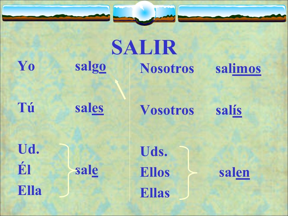 SALIR Yo salgo Nosotros salimos Tú sales Vosotros salís Ud. Uds.