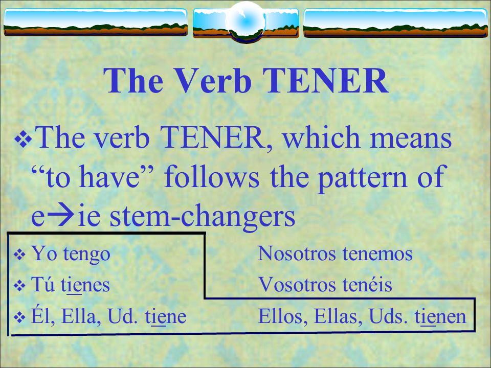 The Verb TENER The verb TENER, which means to have follows the pattern of eie stem-changers. Yo tengo Nosotros tenemos.