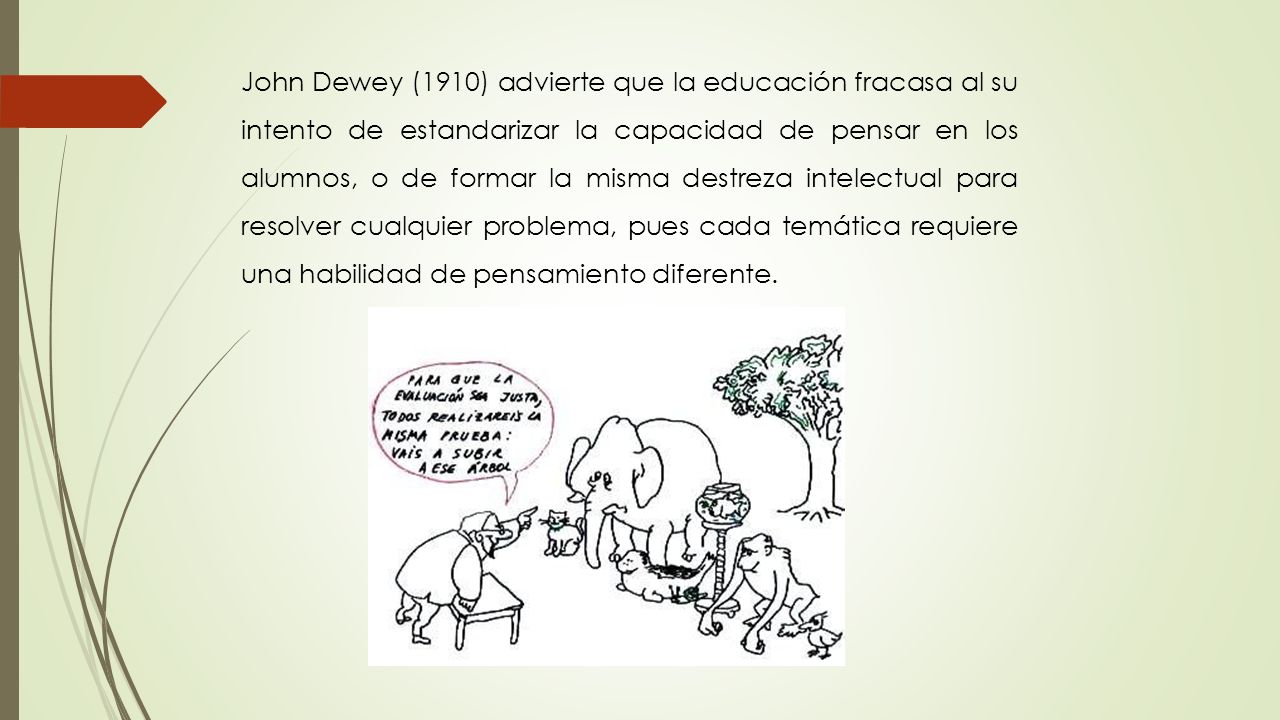 John Dewey (1910) advierte que la educación fracasa al su intento de estandarizar la capacidad de pensar en los alumnos, o de formar la misma destreza intelectual para resolver cualquier problema, pues cada temática requiere una habilidad de pensamiento diferente.