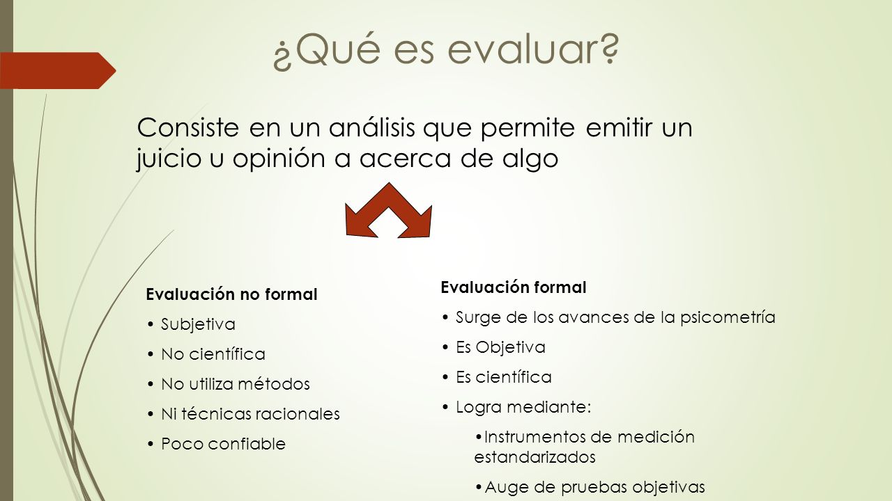 ¿Qué es evaluar Consiste en un análisis que permite emitir un juicio u opinión a acerca de algo. Evaluación formal.