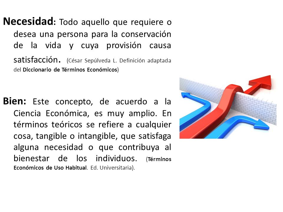 Necesidad: Todo aquello que requiere o desea una persona para la conservación de la vida y cuya provisión causa satisfacción. (César Sepúlveda L. Definición adaptada del Diccionario de Términos Económicos)