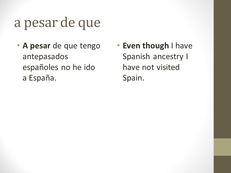 a pesar de que A pesar de que tengo antepasados españoles no he ido a España.