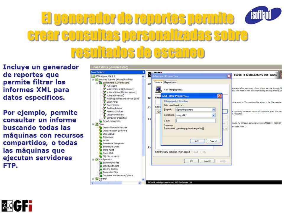 El generador de reportes permite crear consultas personalizadas sobre resultados de escaneo
