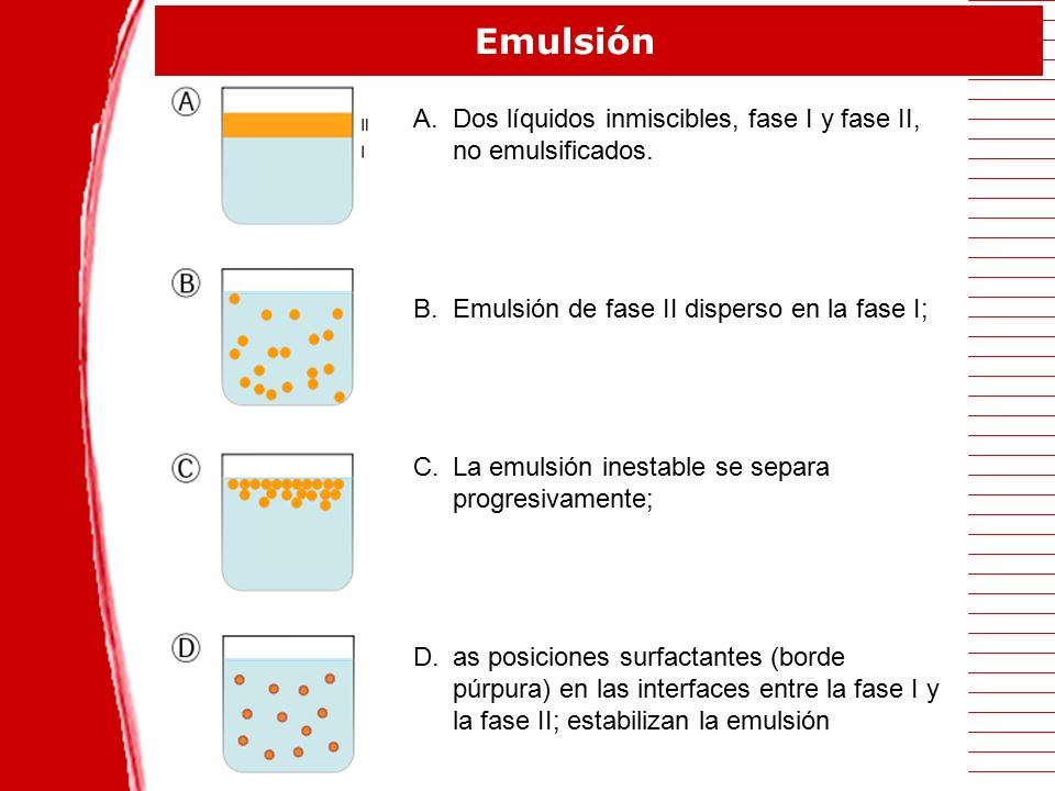 Emulsión Dos líquidos inmiscibles, fase I y fase II, no emulsificados.