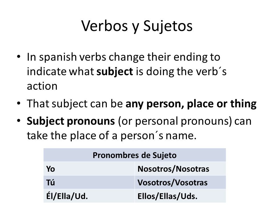 Verbos y Sujetos In spanish verbs change their ending to indicate what subject is doing the verb´s action.