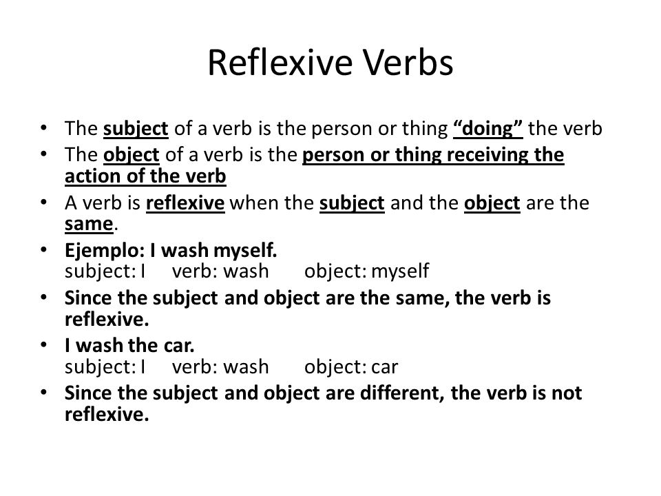 Reflexive Verbs The subject of a verb is the person or thing doing the verb.