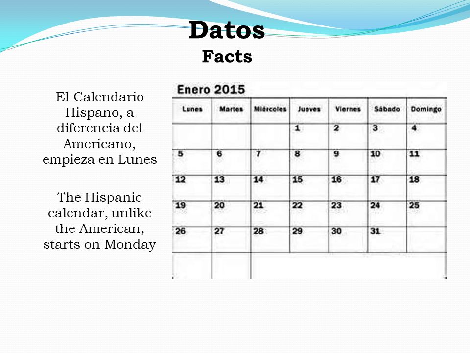 Datos Facts El Calendario Hispano, a diferencia del Americano, empieza en Lunes.