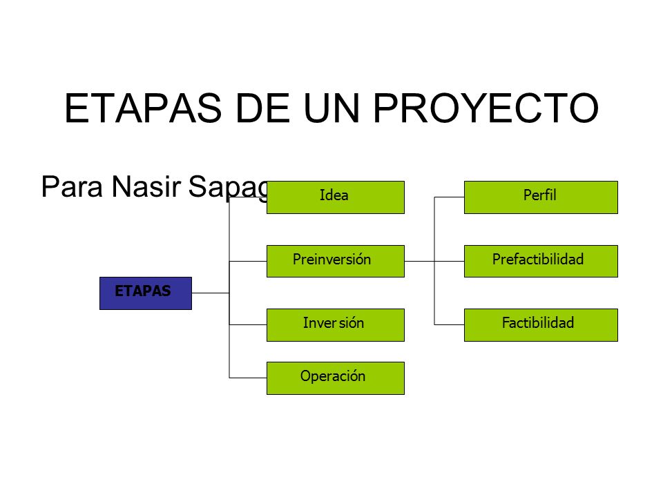 ETAPAS DE UN PROYECTO Para Nasir Sapag: ETAPAS Idea Preinversión Inver