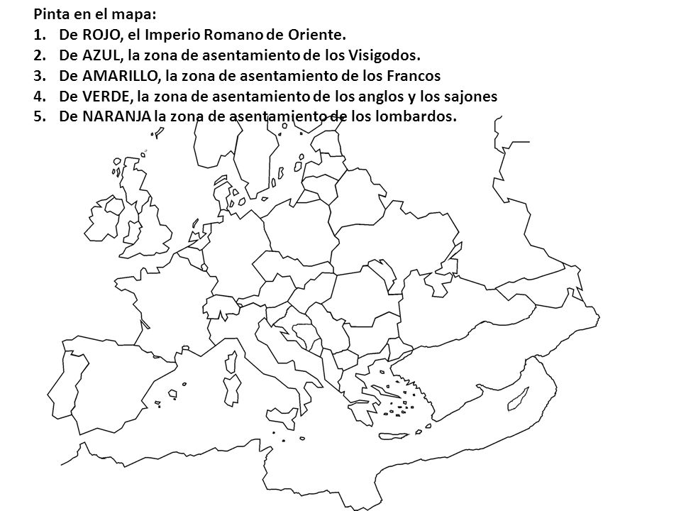 Pinta en el mapa: De ROJO, el Imperio Romano de Oriente. De AZUL, la zona de asentamiento de los Visigodos.