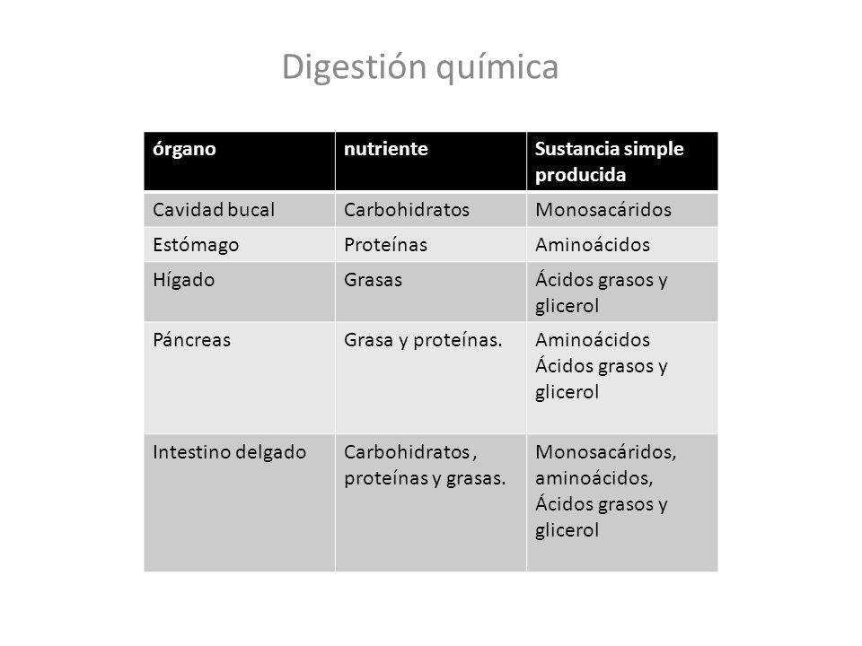 Tipos de digestión Digestión química órgano nutriente