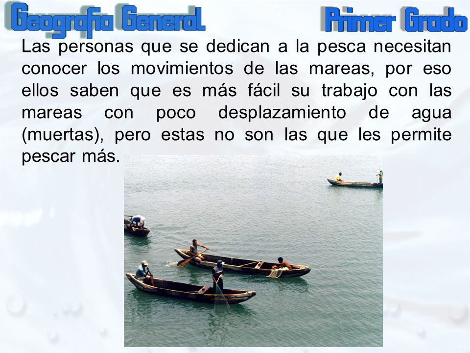 Las personas que se dedican a la pesca necesitan conocer los movimientos de las mareas, por eso ellos saben que es más fácil su trabajo con las mareas con poco desplazamiento de agua (muertas), pero estas no son las que les permite pescar más.