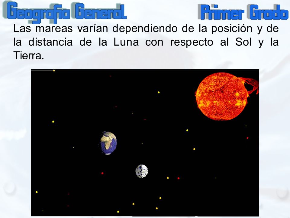Las mareas varían dependiendo de la posición y de la distancia de la Luna con respecto al Sol y la Tierra.