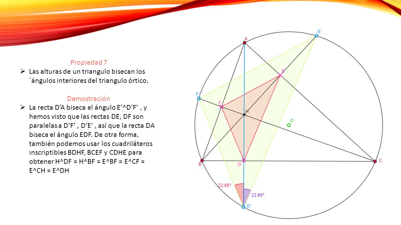 Propiedad 7 Las alturas de un triangulo bisecan los ´ángulos interiores del triangulo órtico. Demostración.