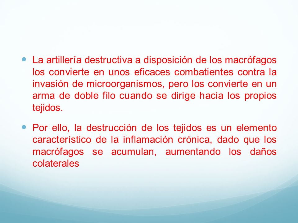 La artillería destructiva a disposición de los macrófagos los convierte en unos eficaces combatientes contra la invasión de microorganismos, pero los convierte en un arma de doble filo cuando se dirige hacia los propios tejidos.