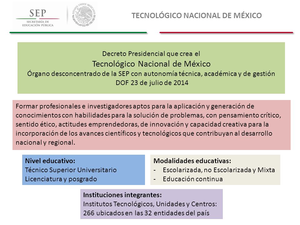 Decreto Presidencial que crea el Tecnológico Nacional de México Órgano desconcentrado de la SEP con autonomía técnica, académica y de gestión DOF 23 de julio de 2014