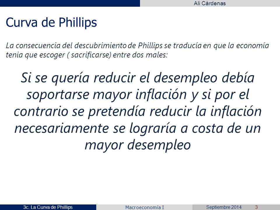 Curva de Phillips La consecuencia del descubrimiento de Phillips se traducía en que la economía tenia que escoger ( sacrificarse) entre dos males: