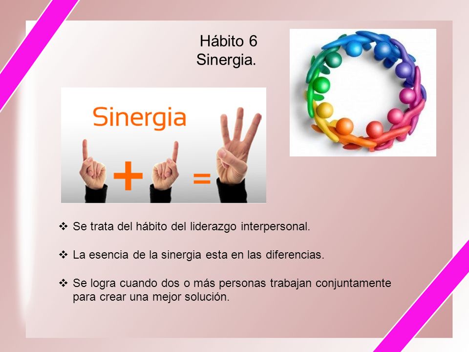 Hábito 6 Sinergia. Se trata del hábito del liderazgo interpersonal.