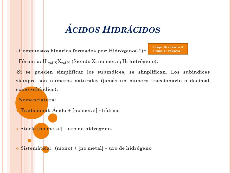 Ácidos Hidrácidos - Compuestos binarios formados por: Hidrógeno(-1)+ No Metal. Fórmula: H val X Xval H (Siendo X: no metal; H: hidrógeno).