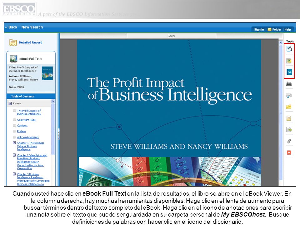 Cuando usted hace clic en eBook Full Text en la lista de resultados, el libro se abre en el eBook Viewer.