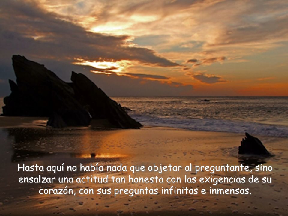 Hasta aquí no había nada que objetar al preguntante, sino ensalzar una actitud tan honesta con las exigencias de su corazón, con sus preguntas infinitas e inmensas.