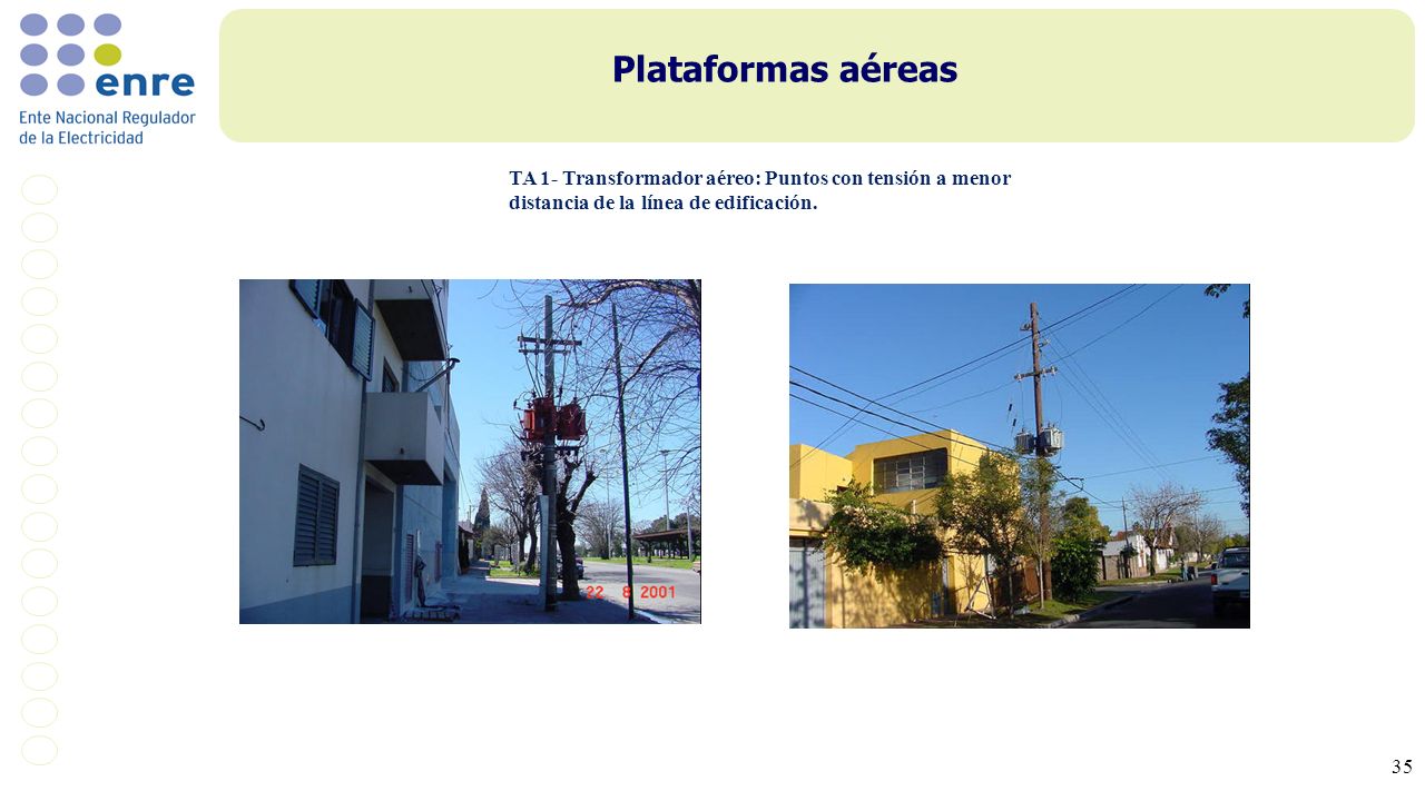 Plataformas aéreas TA 1- Transformador aéreo: Puntos con tensión a menor distancia de la línea de edificación.