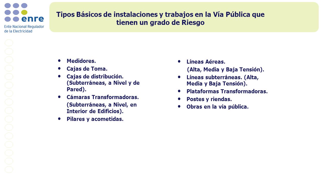 Tipos Básicos de instalaciones y trabajos en la Vía Pública que tienen un grado de Riesgo