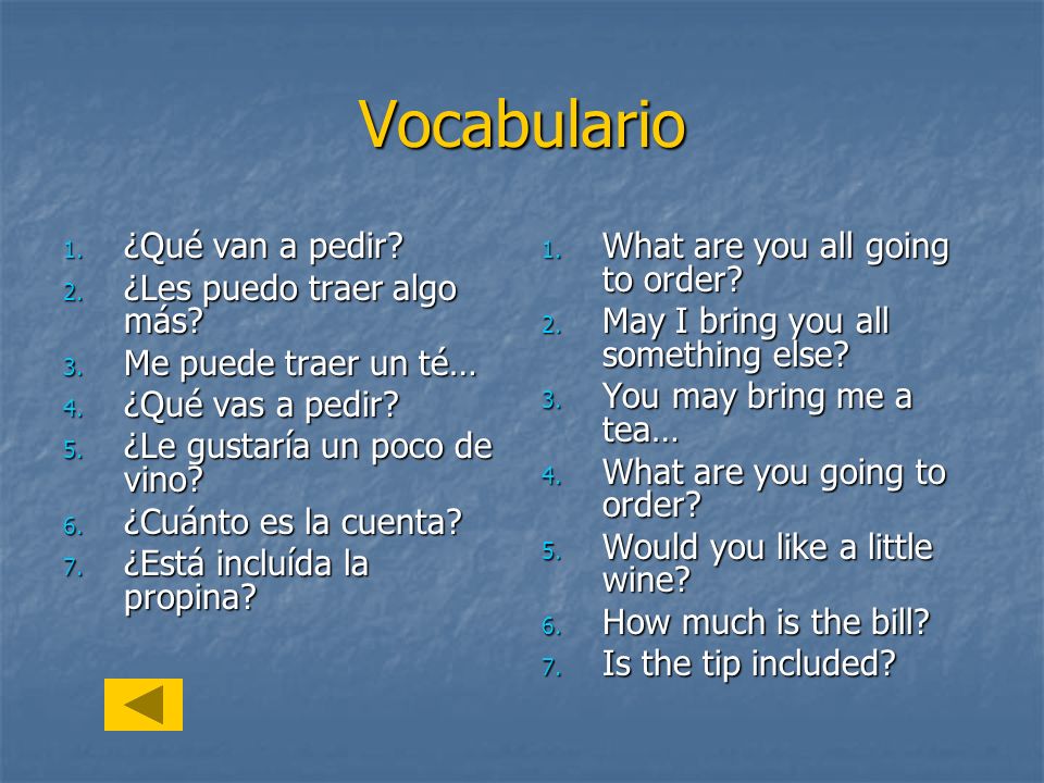 Vocabulario ¿Qué van a pedir ¿Les puedo traer algo más