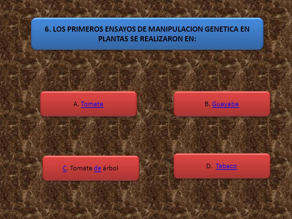 6. LOS PRIMEROS ENSAYOS DE MANIPULACION GENETICA EN PLANTAS SE REALIZARON EN: