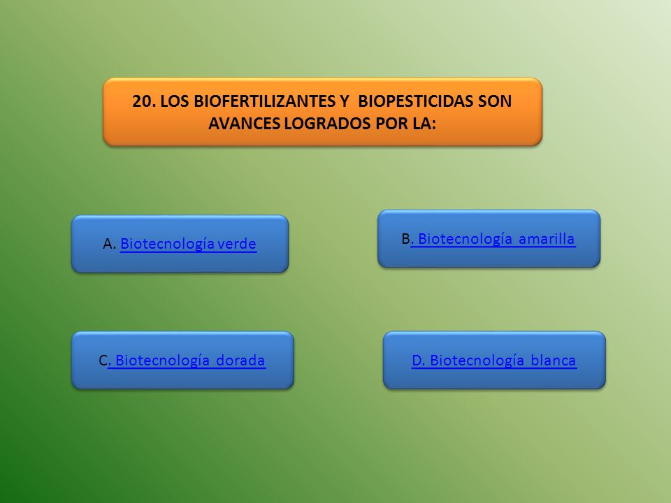 20. LOS BIOFERTILIZANTES Y BIOPESTICIDAS SON AVANCES LOGRADOS POR LA:
