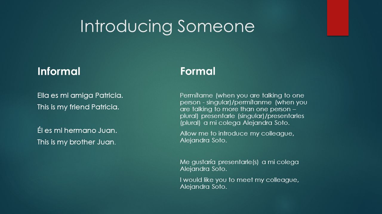 Introducing Someone Informal Formal Ella es mi amiga Patricia.